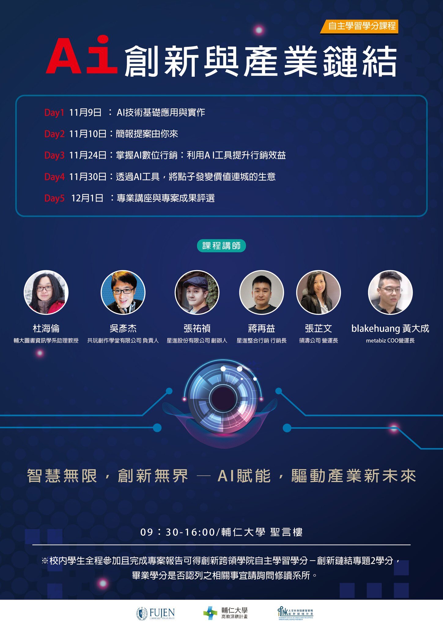 輔仁大學 AI 創新與產業鏈結課程海報，講師包含 Blake Huang 黃大成